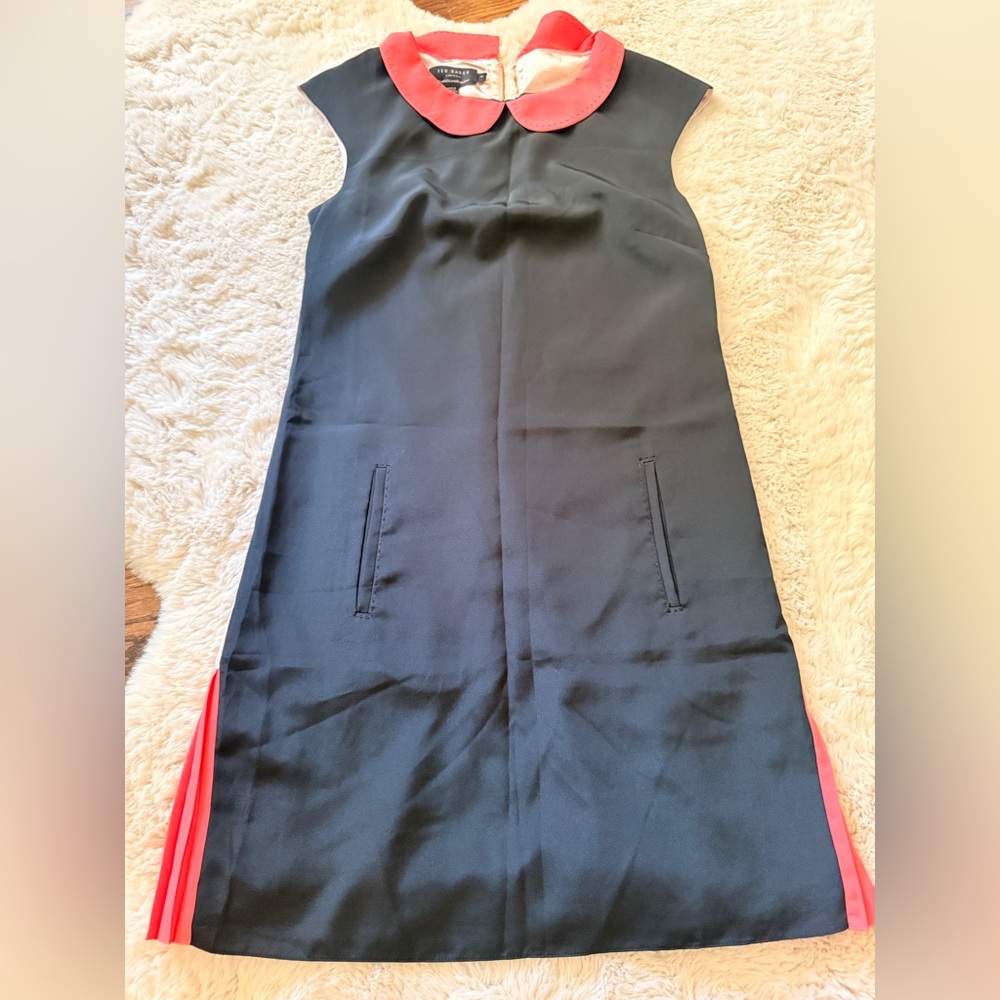 Black Dress with coral/pink Collar. Ted Baker 1.